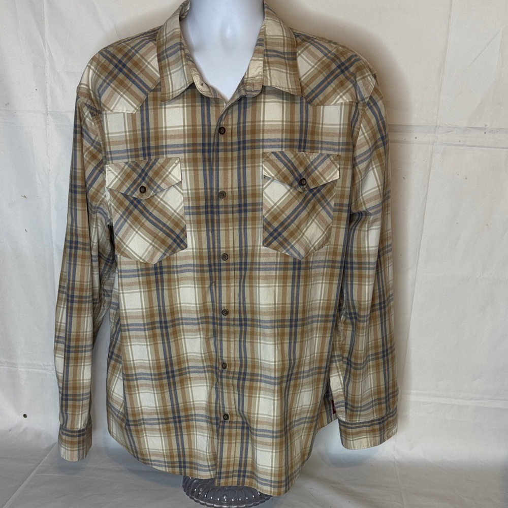 Wrangler Beige and Blue Plaid Western Button Down Shirt Men 2XL